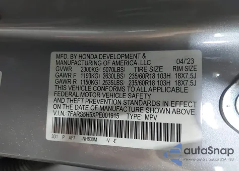 2023 Honda Cr-V Hybrid Sport z USA, uszkodzony, nr VIN 7FARS5H5XPE001915